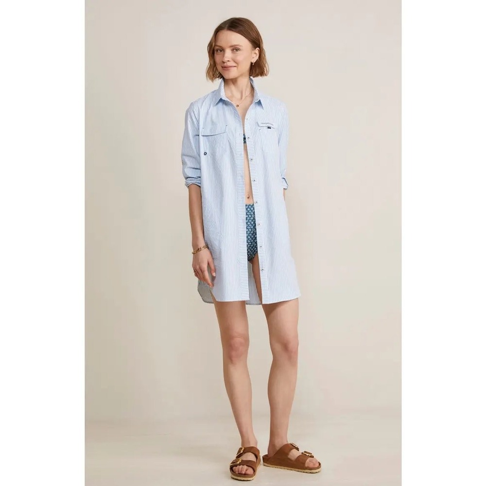 Vineyard Vines Performance Shirt Dress Womens 16 Blue White Stripe  Roll Tab